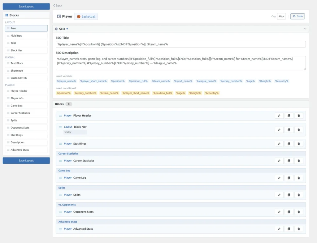 Layout builder admin page with draggable blocks and block palette