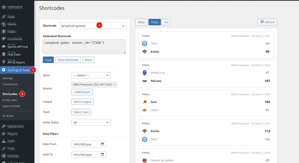 Shortcode builder with form fields and live preview iframe