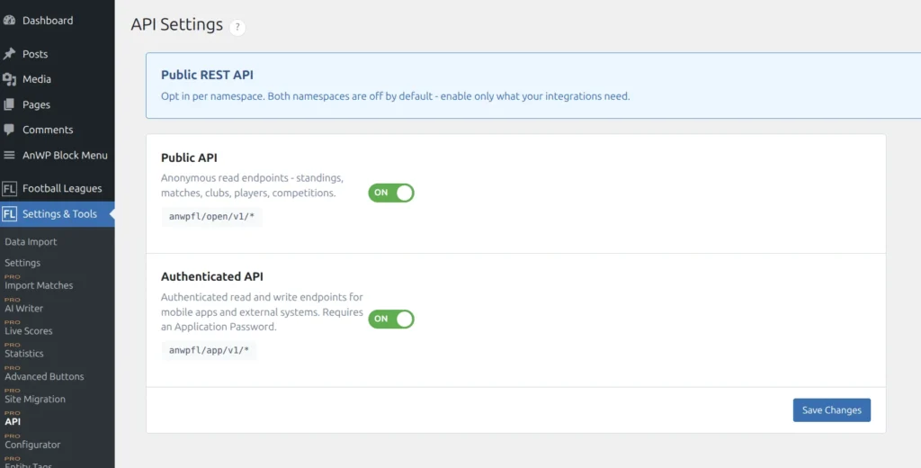 API Settings page with two toggles for Public API and Authenticated API