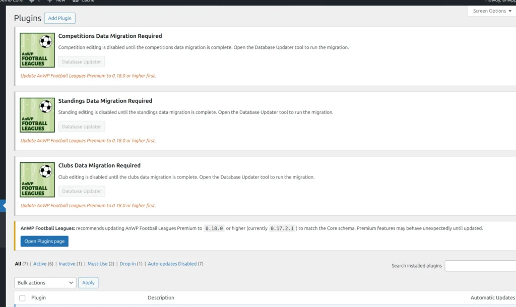 WordPress admin showing three Data Migration Required notices with greyed-out Database Updater buttons. An orange hint below each button reads: Update AnWP Football Leagues Premium to 0.18.0 or higher first. A yellow notice at the bottom recommends updating Premium.