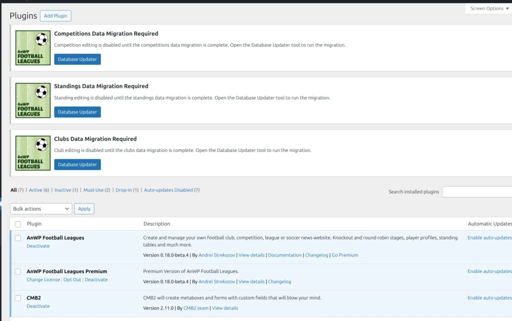 Same three Data Migration Required notices, now with active blue Database Updater buttons. The orange Premium-update hint is gone.