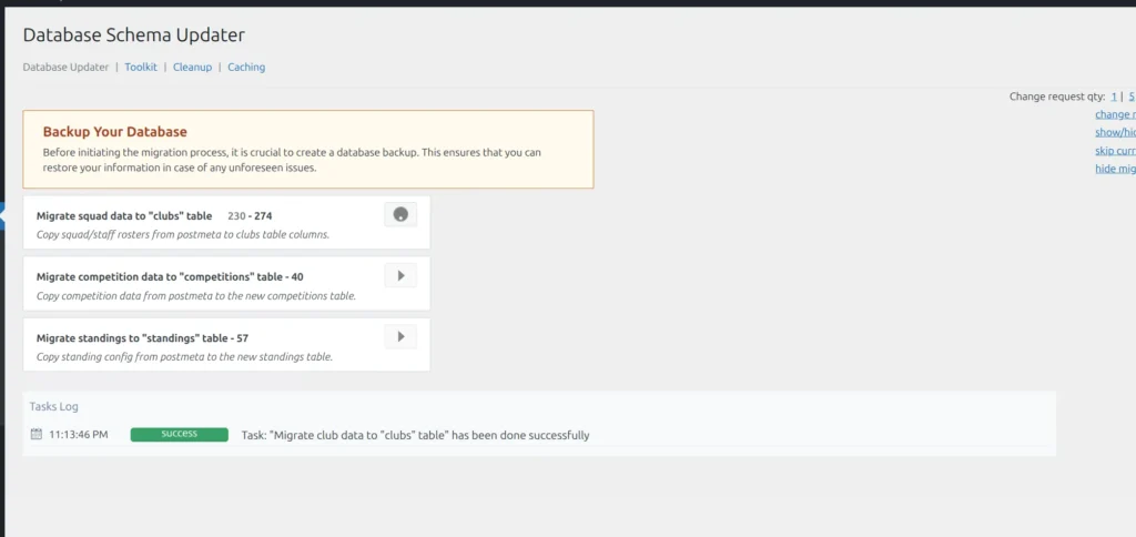 Database Schema Updater page with a Backup Your Database callout at the top and a task list showing Migrate squad to clubs table (230 of 274 processed), Migrate competition data, Migrate standings, plus a Tasks Log entry confirming club migration success.