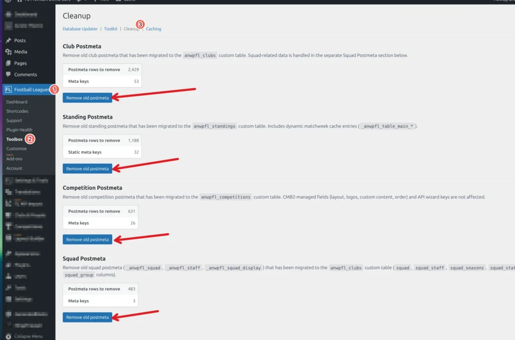 Cleanup tab inside the Football Leagues Toolbox, showing four sections (Club Postmeta, Standing Postmeta, Competition Postmeta, Squad Postmeta) each with a row count and a Remove old postmeta button.
