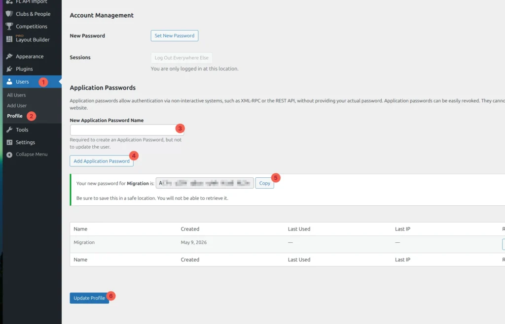 Application Passwords section on the donor site after generating a new password
