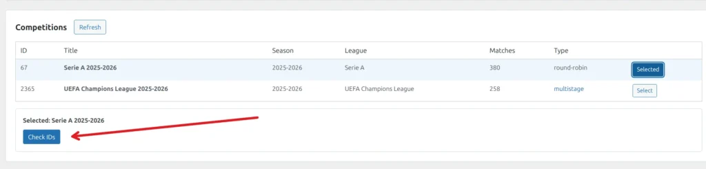 Check IDs button after a competition is selected, with arrow annotation pointing to the button