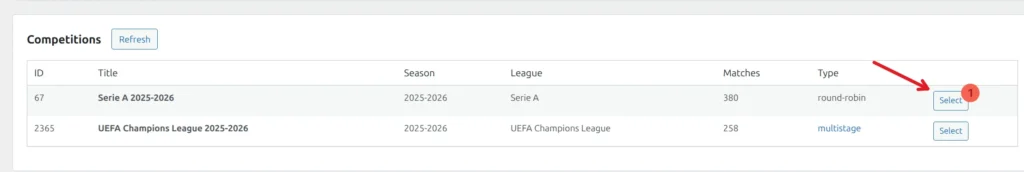 Competitions list pulled from the donor with Select buttons next to each competition row