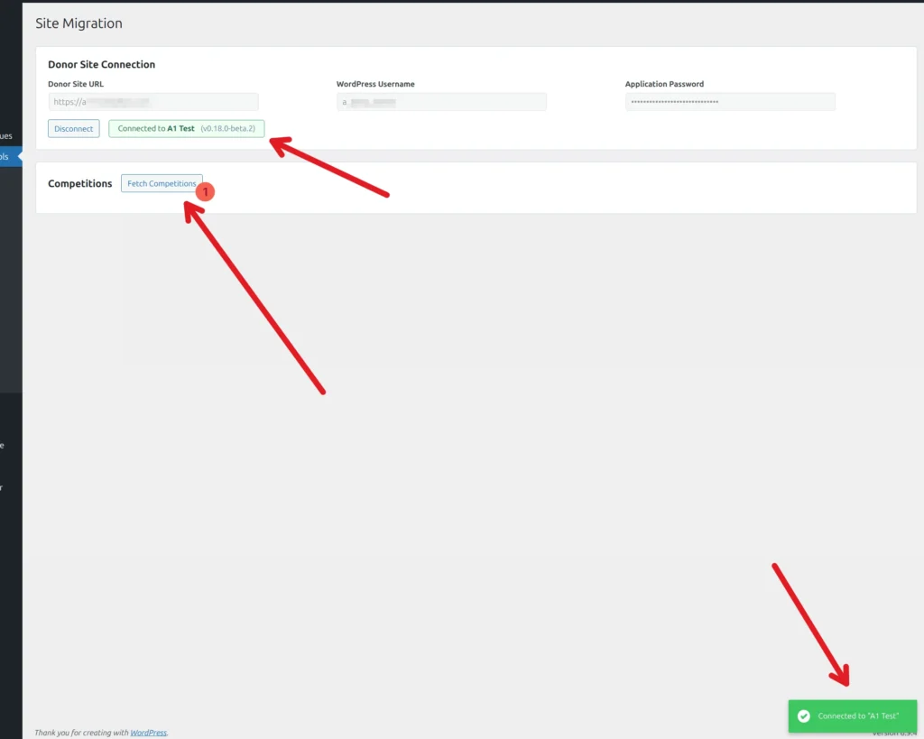 Connected state on the recipient showing donor site name, plugin version, and the Fetch Competitions button