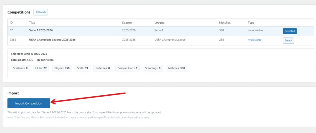 Pre-import summary showing entity counts and the Import Competition button