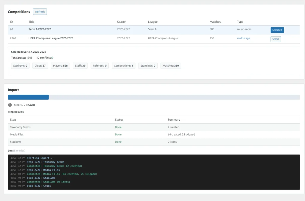 Migration mid-flight showing progress bar, current step (Clubs), per-step result table, and live log entries