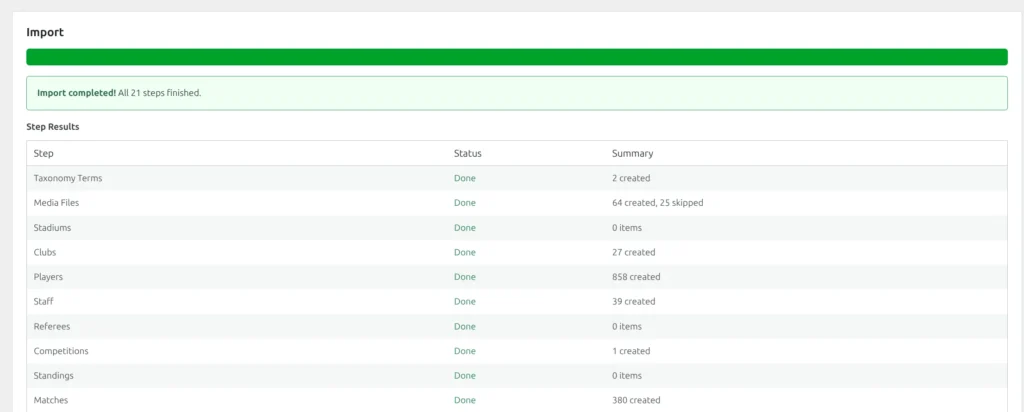 Final success state showing 'Import completed! All 21 steps finished.' banner with per-step result counts