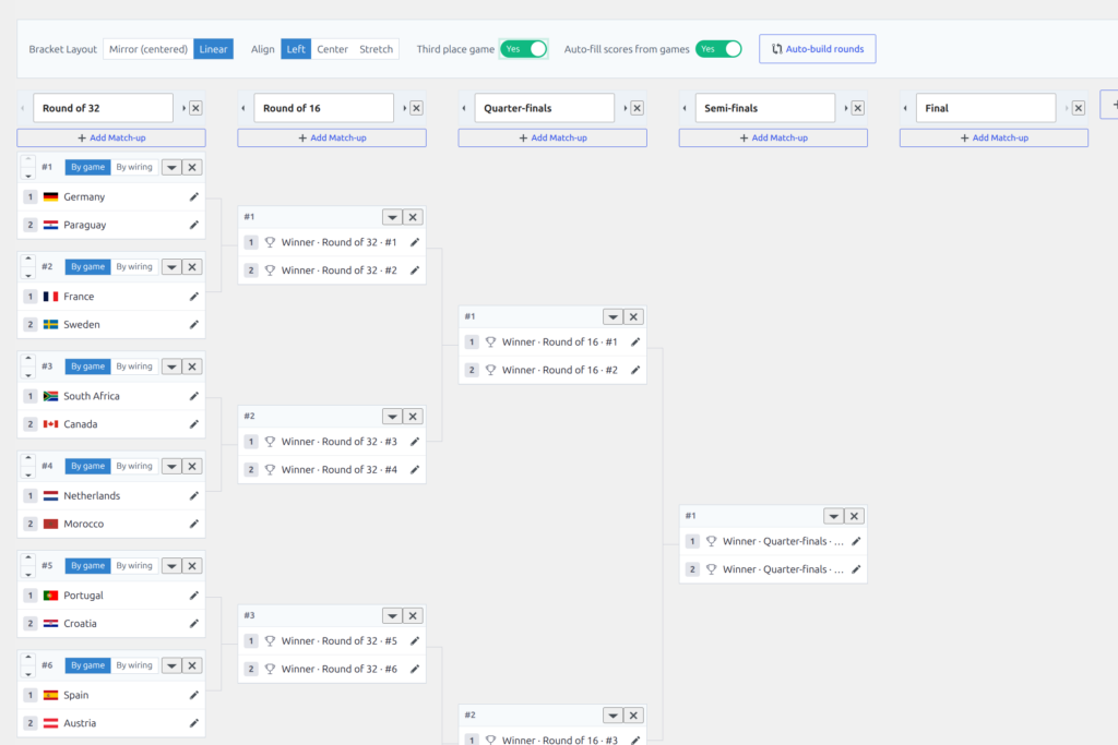 The full auto-built bracket tree - first round with teams, later rounds wired to Winner of the previous round