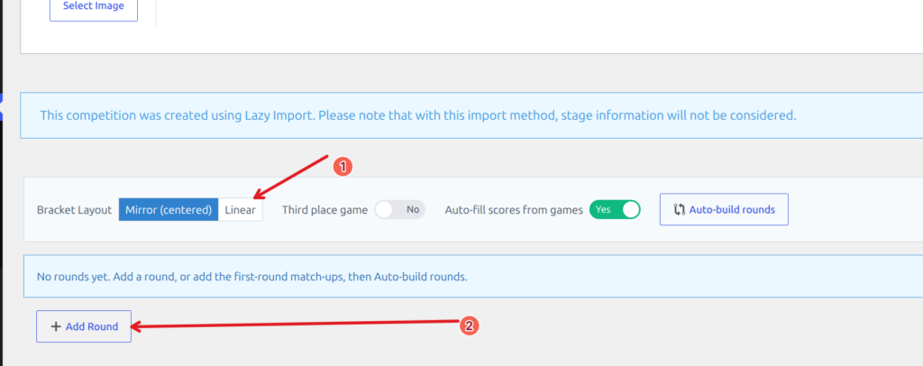 Bracket builder toolbar - Bracket Layout, Third place game, Auto-fill scores, Auto-build rounds, and Add Round