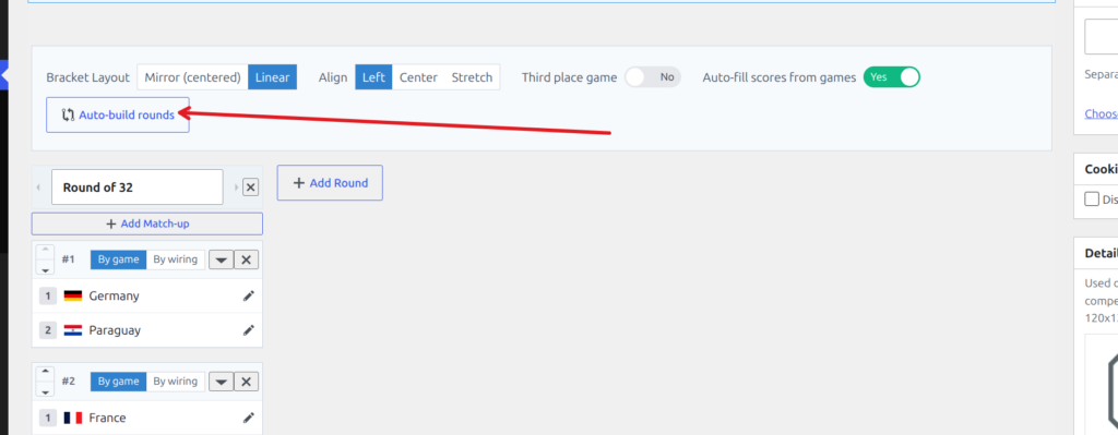 First-round match-ups filled with linked games, with the Auto-build rounds button highlighted
