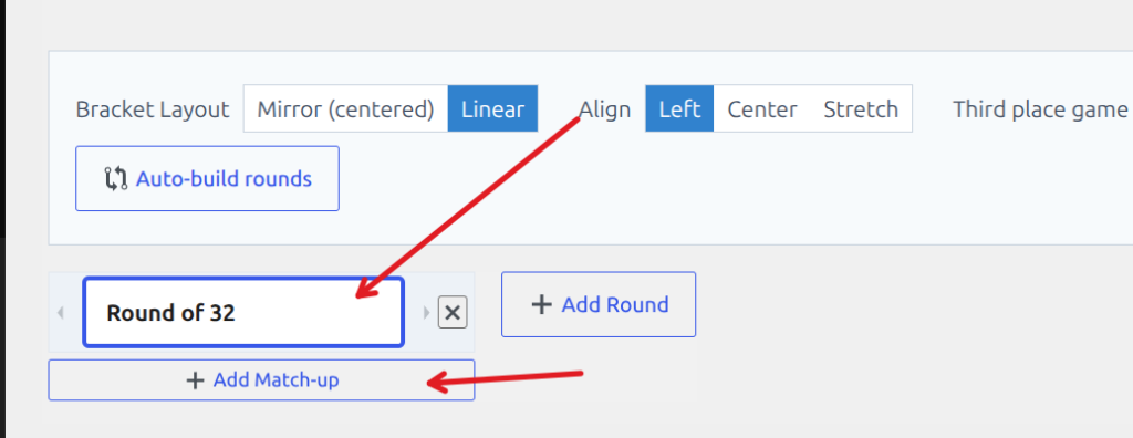 A round named Round of 32 with the Add Match-up button below it