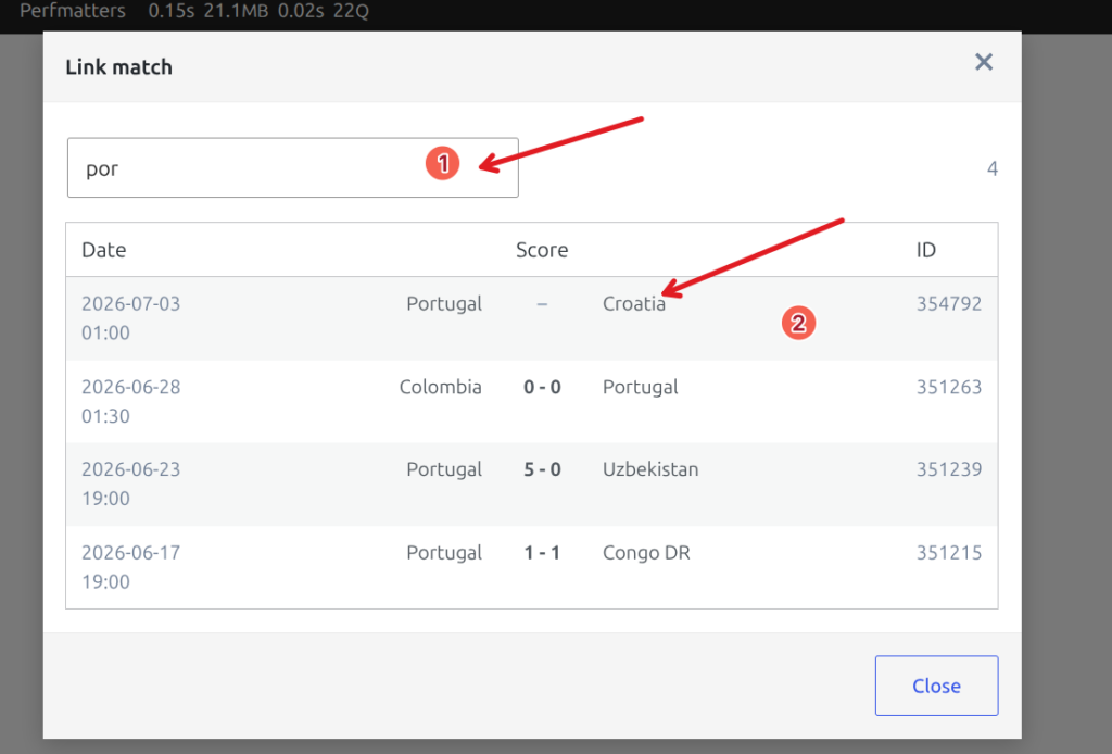 Link match window - a search box and a list of matches by date with their IDs
