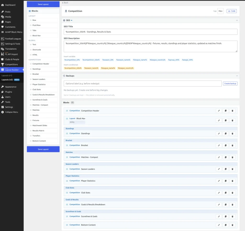 The Layout Builder v2 editor showing the default competition layout - the block palette on the left and the 11 seeded blocks in order