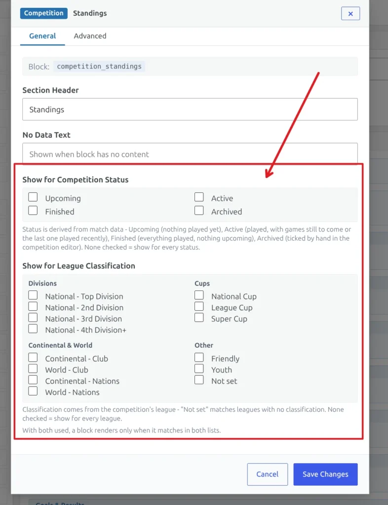 Display Conditions in the block settings - competition status and league classification checkboxes
