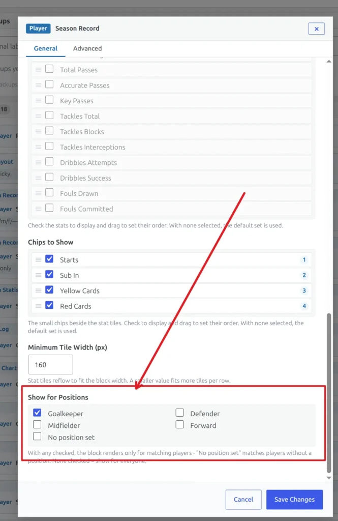 The block Tools panel with the Visible for positions setting