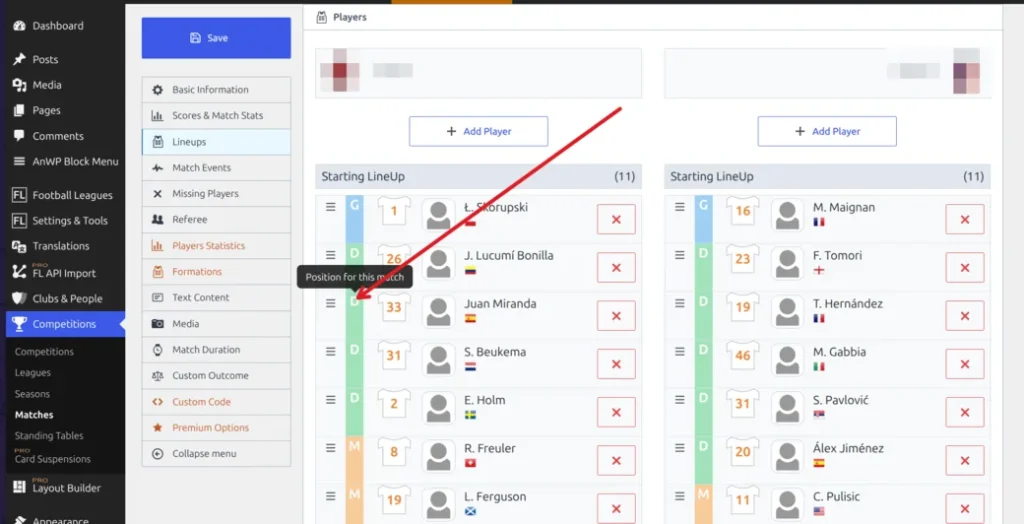 Match lineups editor with the position letter next to a player showing the Position for this match tooltip
