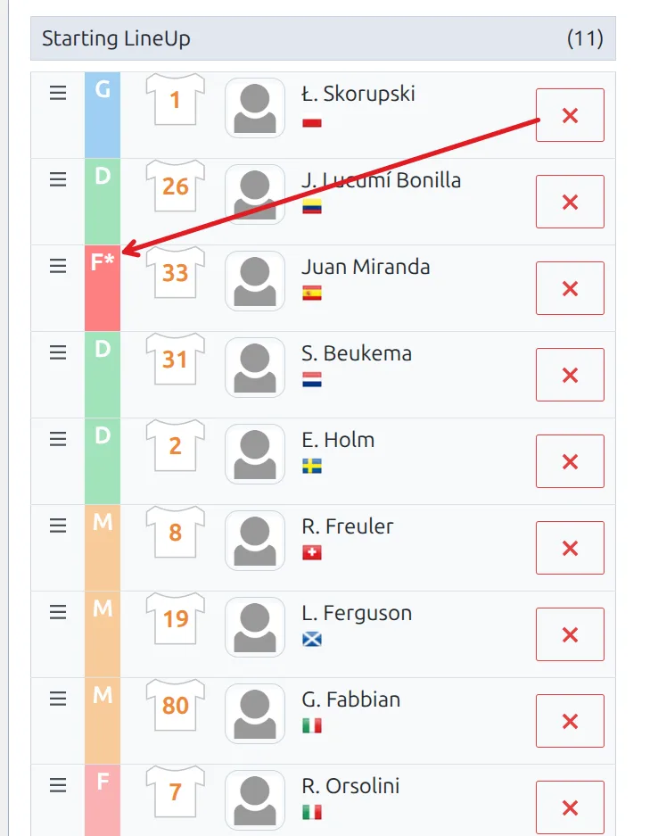Lineups list showing a position letter with a trailing asterisk marking a per-match position override