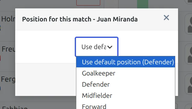 Position for this match dialog with a dropdown offering Use default position or a specific position