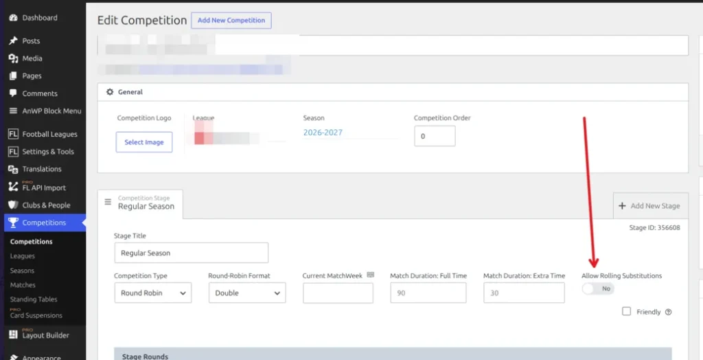 Competition stage settings showing Match Duration Full Time, Extra Time, and the Allow Rolling Substitutions toggle