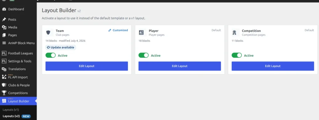 The Layouts (v2) admin page with the Team layout and its Activate button
