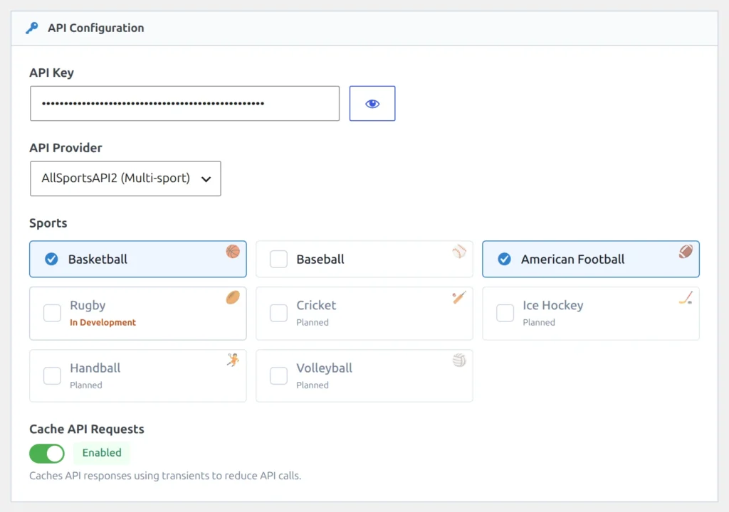 API Config page in wp-admin: API key entered, provider set to AllSportsAPI2 (Multi-sport), and Basketball and American Football ticked in the sports list.