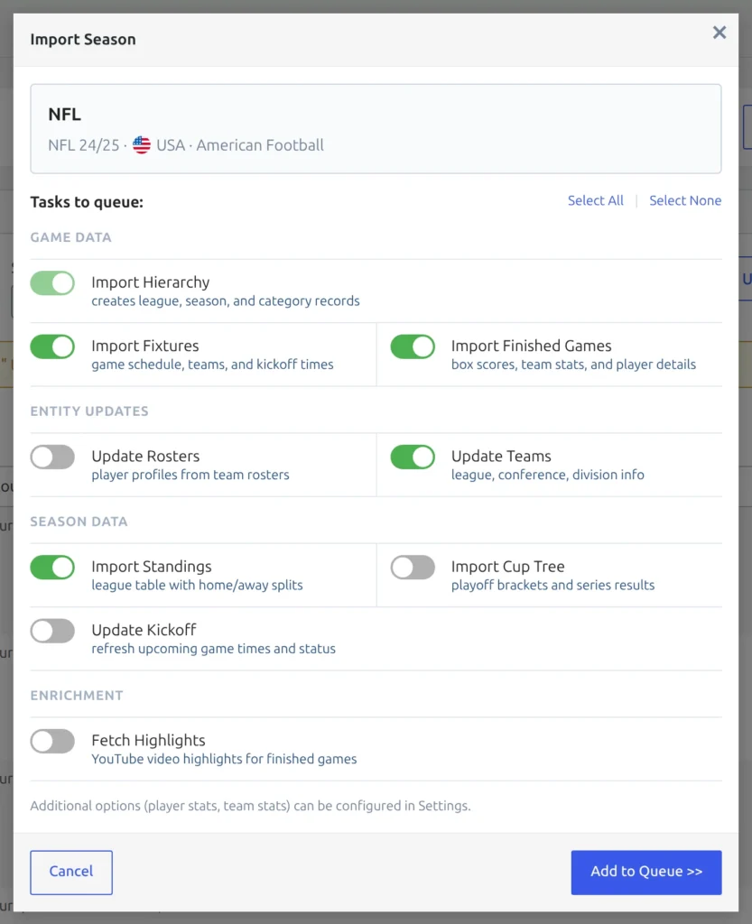Import Season dialog for an NFL season, with the tasks to queue grouped into game data, entity updates, season data and enrichment.