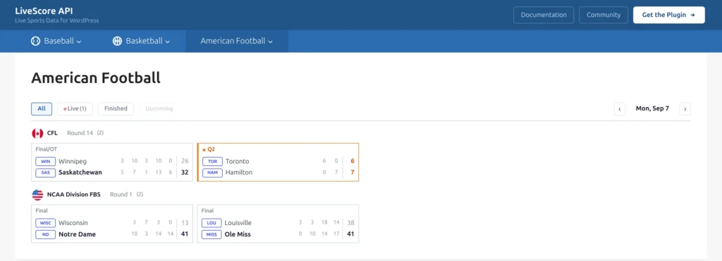 American Football hub on the demo site: a live CFL game showing Q2 alongside finished CFL and NCAA Division FBS games, each with quarter-by-quarter line scores.