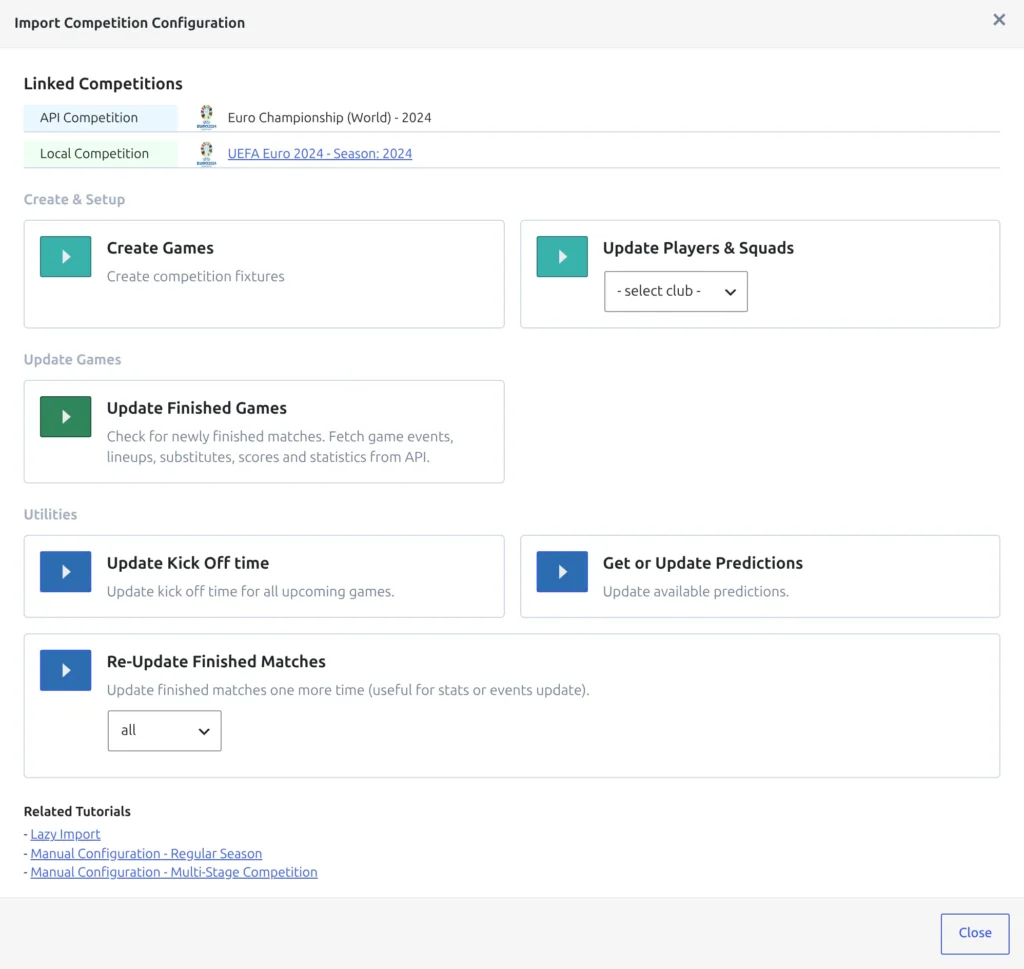 The Import Competition Configuration modal for a linked multistage competition, Linked Competitions showing the API and the local competition, with the Create Games card first under Create and Setup