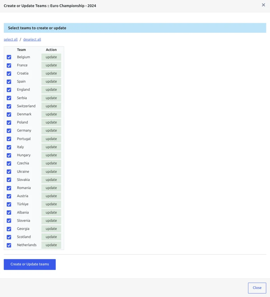 The Create or Update Teams modal for a league season after get teams, listing the season's teams with a checkbox each and update in the Action column for every club already linked