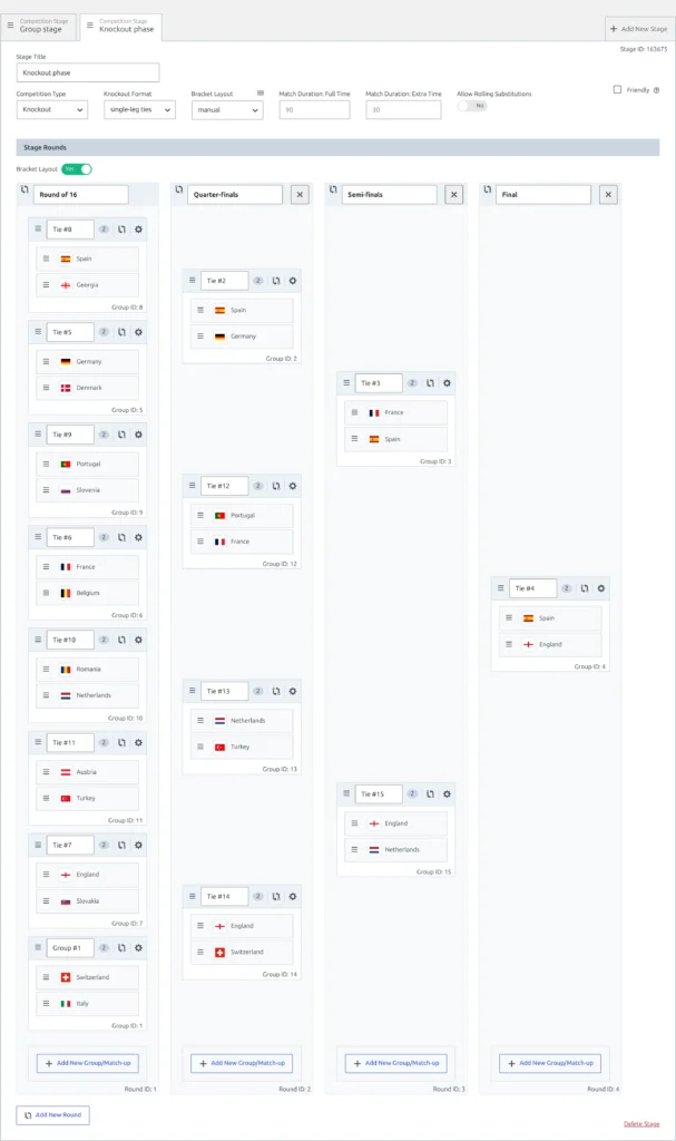 A Knockout phase stage tab in the competition editor with Stage Title filled in, Competition Type Knockout, Knockout Format and Bracket Layout manual, its four rounds named Round of 16, Quarter-finals, Semi-finals and Final, and the Add New Round button below