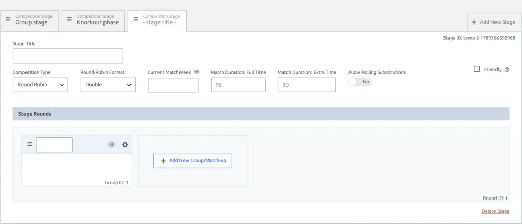 The competition editor right after Add New Stage: a new tab labelled stage title at the end of the stage tabs, and its panel with an empty Stage Title, Competition Type Round Robin and Round-Robin Format Double