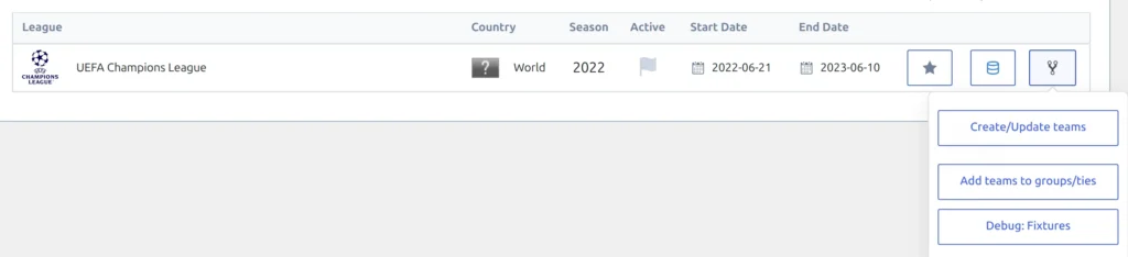 The Structure button menu open on an API Leagues row, listing Create/Update teams, Add teams to groups/ties and Debug: Fixtures