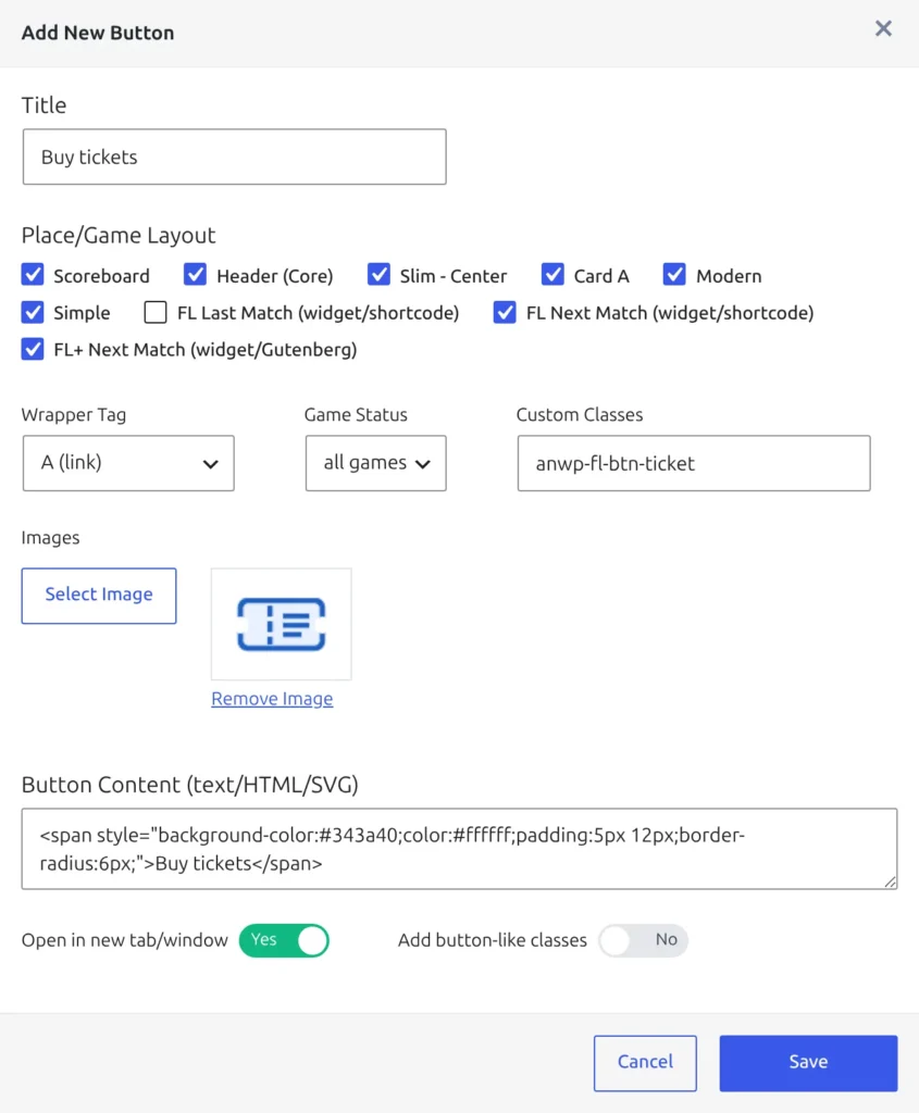 The Add New Button dialog showing a Title field, the nine Place/Game Layout tick boxes, Wrapper Tag and Game Status dropdowns, a Custom Classes box, an image picker, the Button Content textarea and two toggles