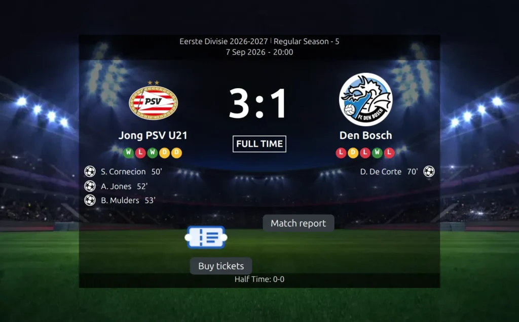 A finished game scoreboard on the front end with two advanced buttons side by side below the goalscorers - a ticket icon above a dark Buy tickets label, and a dark Match report button