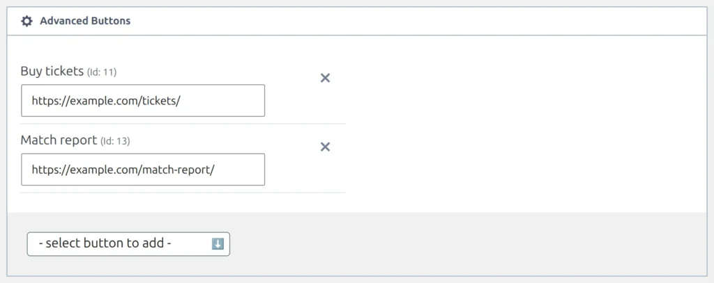 The Advanced Buttons tab inside a game, showing one attached button with its title, its ID and a filled-in button URL box, a remove cross on the right, and the select button to add dropdown underneath