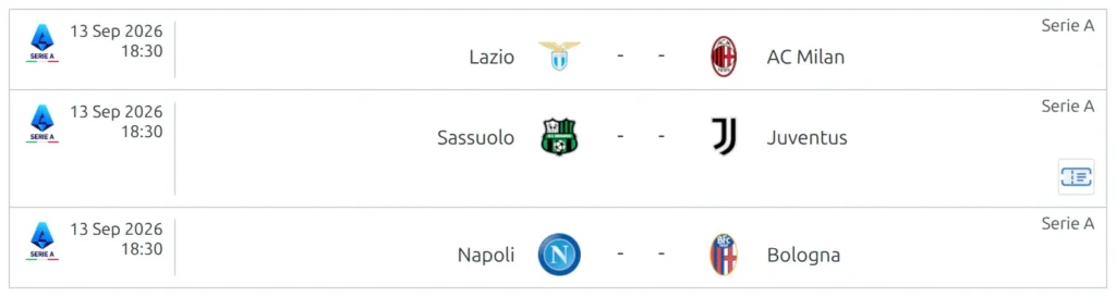 A slim match list where one row carries a small square ticket icon on the right-hand end, and the rows around it do not