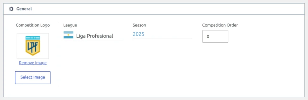The General block of the competition editor for Liga Profesional 2025, showing the Competition Logo with its Select Image button, the League field reading Liga Profesional with the Argentine flag, the Season field reading 2025 and the Competition Order box