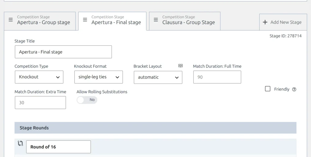 The stage tabs Apertura - Group stage, Apertura - Final stage and Clausura - Group Stage with Add New Stage on the right; the Apertura - Final stage tab is open, set to Knockout with single-leg ties, and its Stage Rounds list starting at Round of 16