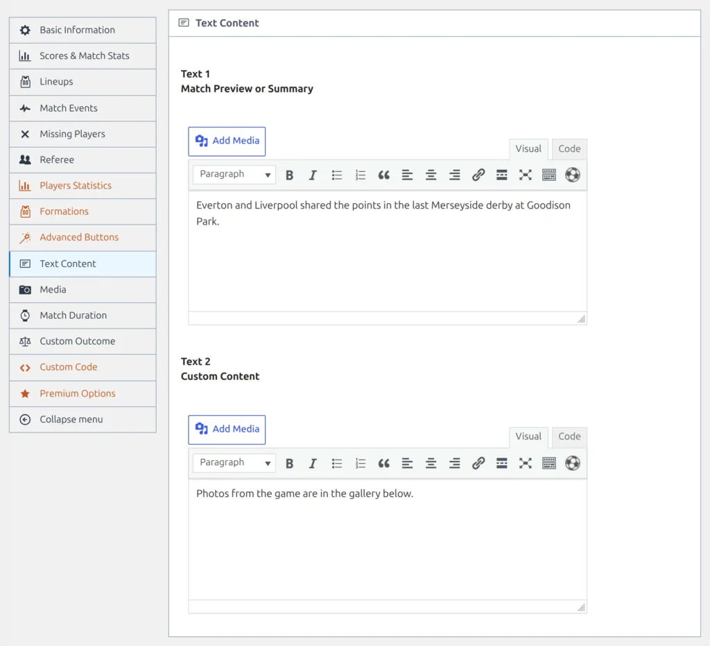 The match edit screen with Text Content selected in the left menu, showing the Text 1 Match Preview or Summary editor and the Text 2 Custom Content editor below it
