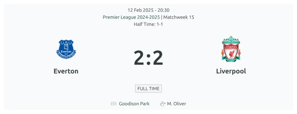 The Match Header block on a finished game: competition and matchweek, date and time, both clubs with logos, the final score, the half-time score and a Full Time label