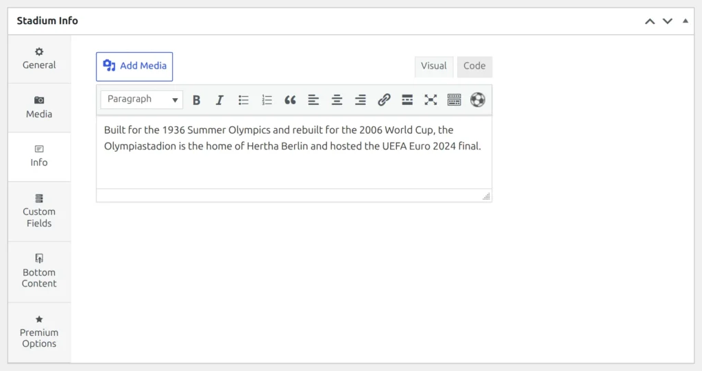 The stadium edit screen with its tabs General, Media, Info, Custom Fields, Bottom Content and Premium Options, and the Info tab open on its text editor