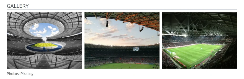 The Stadium Gallery block: stadium photos in a justified row with the gallery note text underneath