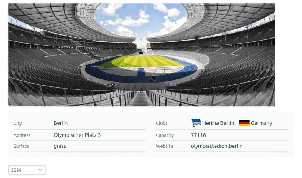 The Stadium Header block: a wide stadium photo above a details table with City, Clubs, Address, Capacity, Surface and Website, and the season dropdown underneath