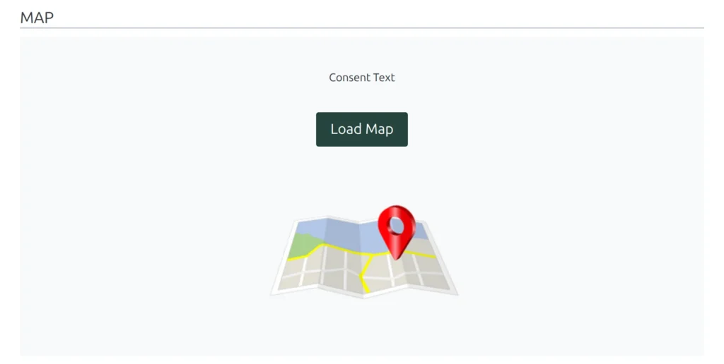 The Stadium Map block with visitor consent required: the default Consent Text line, a Load Map button and a map placeholder image shown in place of the Google map