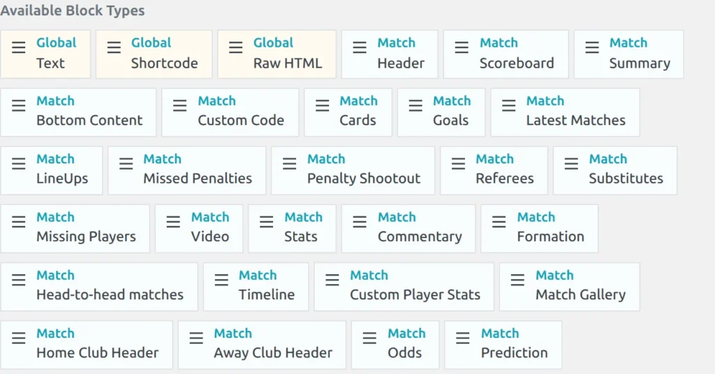 The Layout Builder v1 block picker on a Match layout, showing the Global group above the Match group