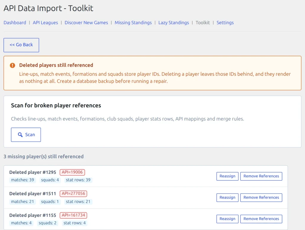 Scan results listing deleted players and where they are still referenced
