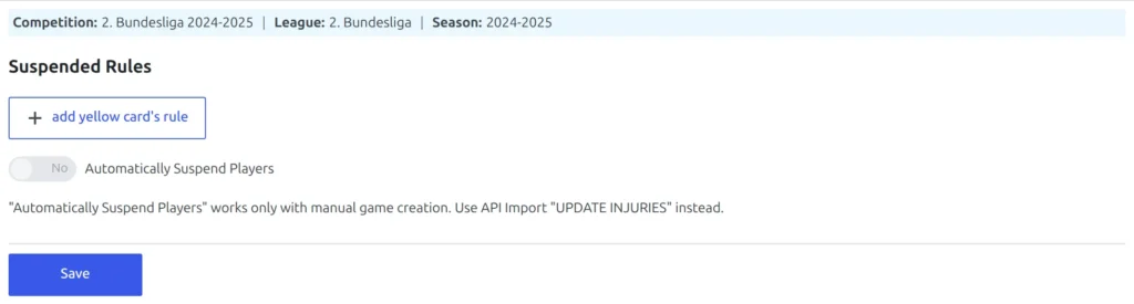 Card Suspensions record for an API-linked competition, with the Automatically Suspend Players toggle disabled and a message saying the feature works only with manual game creation